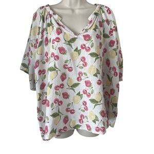 Isaac Mizrahi 100% Linen Fruit Print Blouse  Cherries Lemons Top | Plus Size 3X